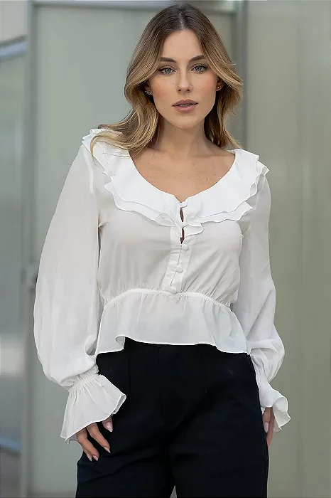 BLUSA PÂMELA COM BABADO MANGA LONGA - OFF WHITE
