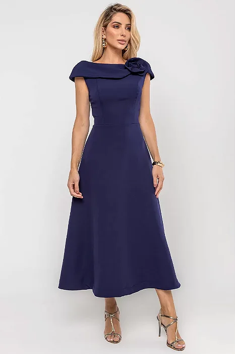 VESTIDO HILDA MIDI DETALHE FLOR - AZUL MARINHO