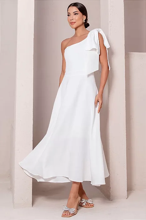 VESTIDO GLÁUCIA UM OMBRO COM LAÇO - OFF WHITE