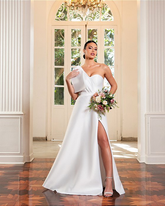 VESTIDO KAMILLA NOIVINHAS ZIBELINE UM OMBRO - OFF WHITE
