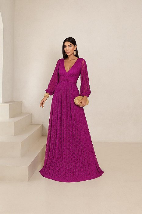 VESTIDO DE FESTA HELOISE RENDA MANGA LONGA - FUCSIA