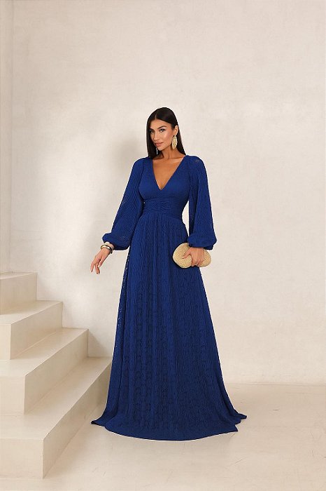 VESTIDO DE FESTA HELOISE RENDA MANGA LONGA - AZUL ROYAL