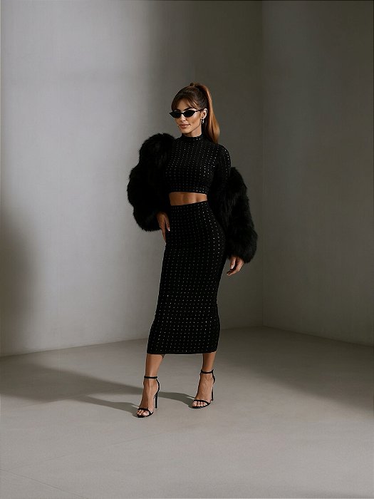 CONJUNTO CROPPED ML E SAIA MIDI TULE FUTURE WINTER SOUL - PRETO