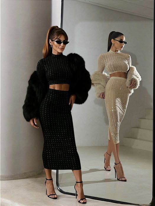 CONJUNTO CROPPED ML E SAIA MIDI TULE FUTURE WINTER SOUL - BEGE