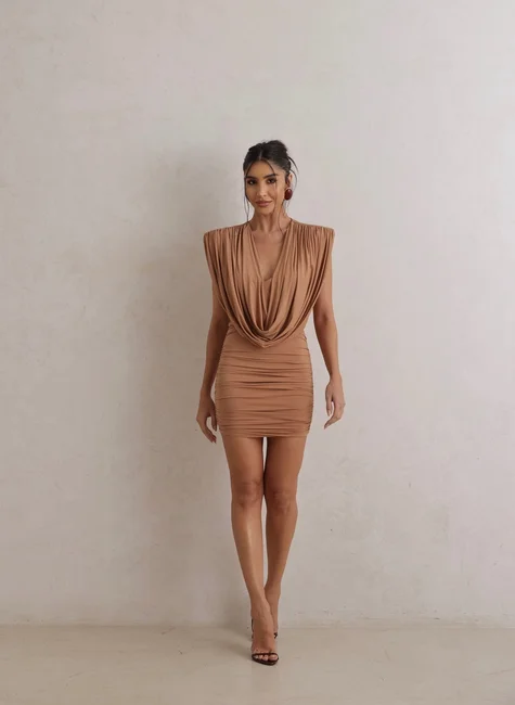 VESTIDO CURTO DRAPEADO FLORIDA - AMÊNDOA