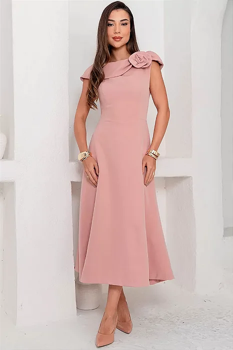 VESTIDO HILDA MIDI DETALHE FLOR - ROSA