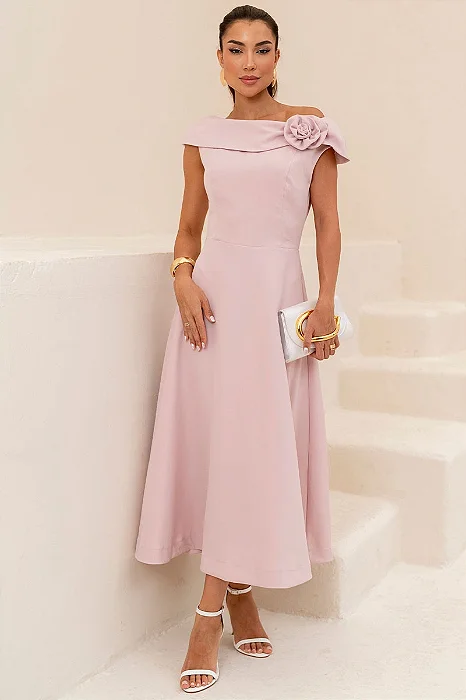 VESTIDO HILDA MIDI DETALHE FLOR - ROSA