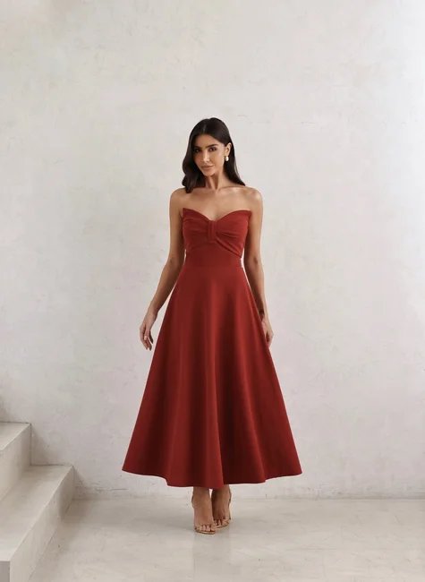 VESTIDO LONGUETE BUSTO BORBOLETA - TERRACOTA