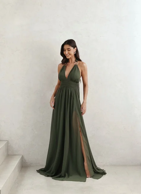 VESTIDO LONGO COM FIVELA CARTAGENA - VERDE MUSGO