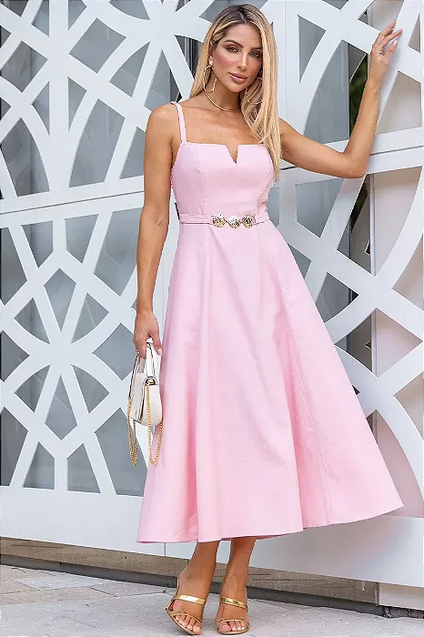 VESTIDO BRENDA DECOTE V DETELHE METAL - ROSA