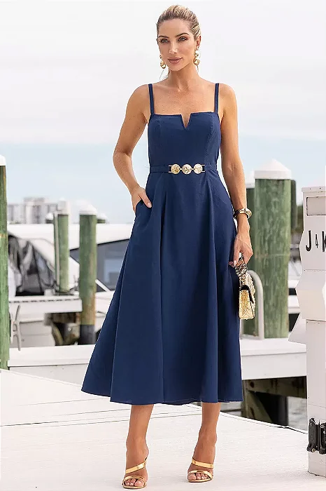 VESTIDO BRENDA DECOTE V DETELHE METAL - AZUL MARINHO