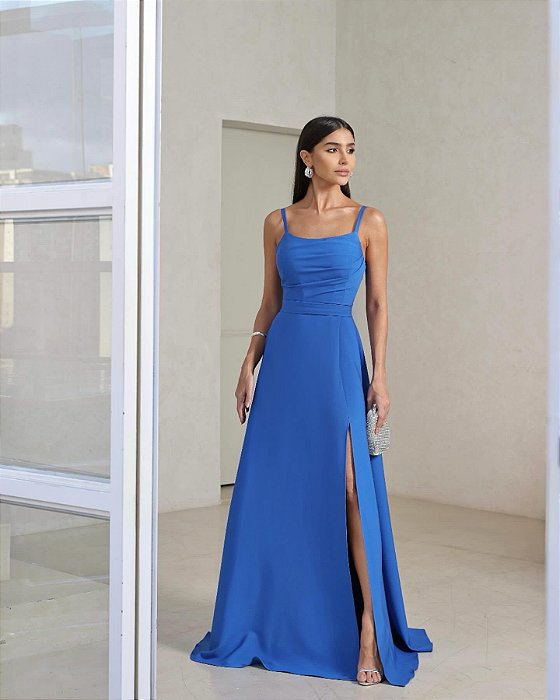 VESTIDO DE FESTA DELFOS LONGO FENDA - AZUL