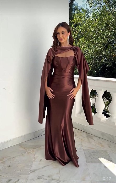 VESTIDO DE FESTA CHILE COM CAPA REMOVÍVEL- MARROM