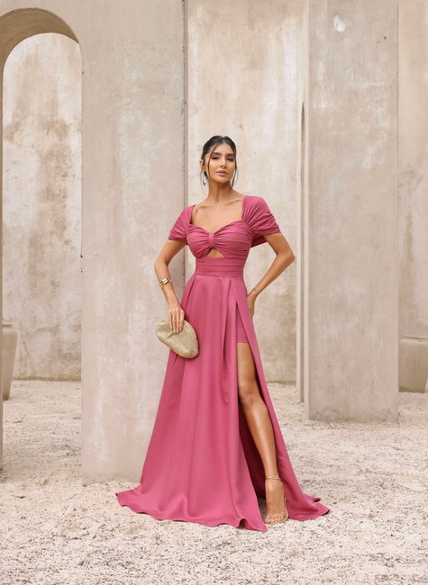 VESTIDO FESTA COM MANGA CINTURA PREGAS - ROSA SECO