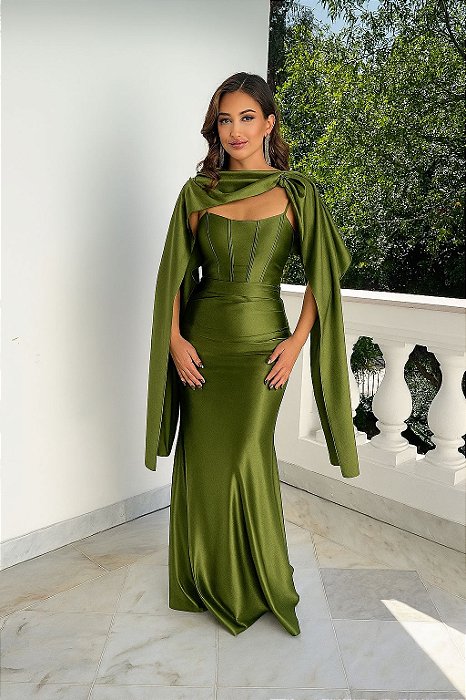 VESTIDO DE FESTA CHILE COM CAPA REMOVÍVEL - VERDE OLIVA
