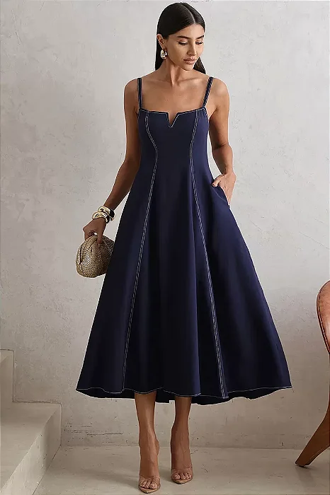 VESTIDO MILENA MIDI DETALHE PESPONTO - AZUL MARINHO