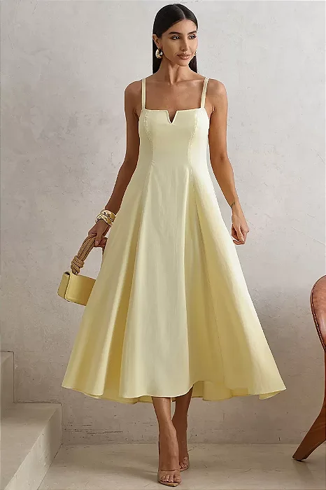 VESTIDO MILENA MIDI DETALHE PESPONTO - AMARELO