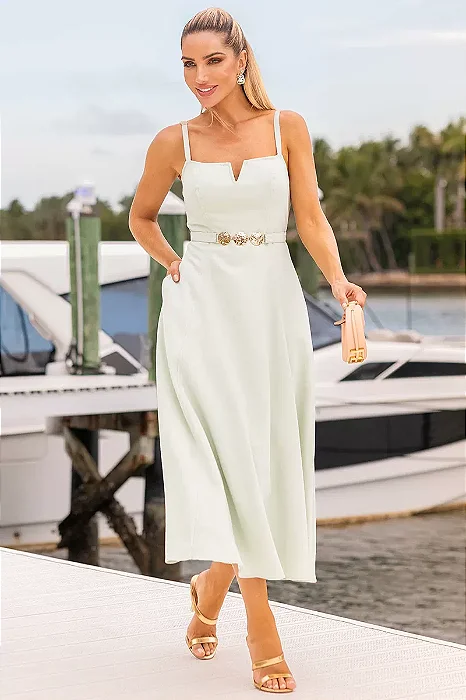 VESTIDO BRENDA DECOTE V DETELHE METAL - VERDE