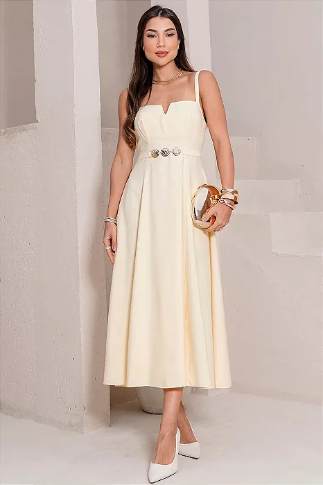 VESTIDO BRENDA DECOTE V DETELHE METAL - AMARELO