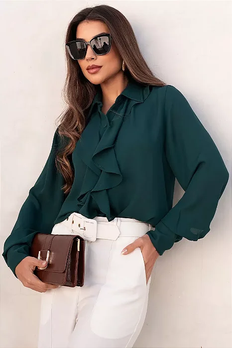 CAMISA AGHATA CREPE COM BABADO - VERDE