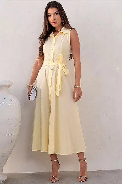 VESTIDO ROSE MIDI ABERTO COM BOTÕES E FAIXA - AMARELO