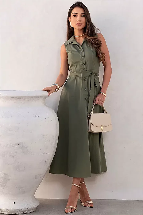 VESTIDO ROSE MIDI ABERTO COM BOTÕES E FAIXA - VERDE