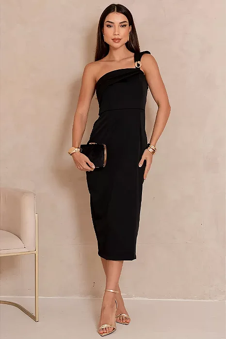 VESTIDO ANGELINA MIDI UM OMBRO COM DETALHE METAL - PRETO