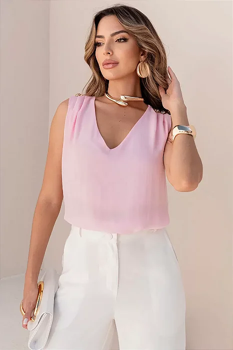 BLUSA DORA CREPE DETALHE BOTÃO OMBRO - ROSA