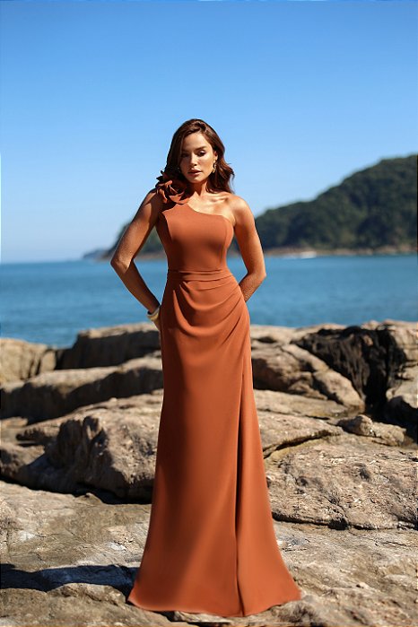 VESTIDO DE FESTA SUNSHINE UM OMBRO DETALHE FLOR - TERRACOTA
