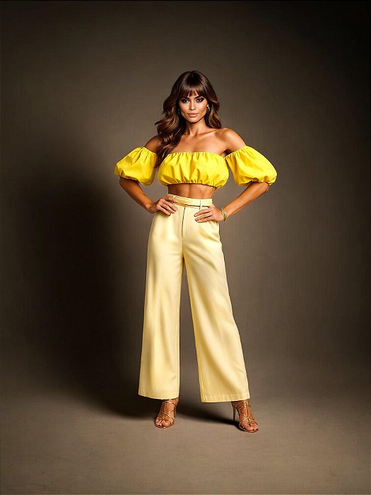 CALÇA PANTALONA ALFAIATARIA CINTO GLAMOUR - AMARELO