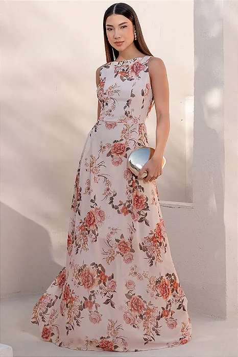 VESTIDO MIRELA CREPE ESTAMPADO LONGO - BEGE