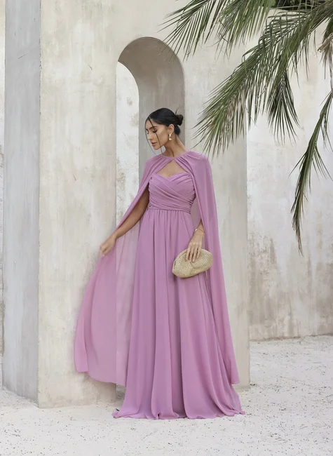 VESTIDO DE FESTA BEATRIZ LONGO CAPA REMOVIVEL - ROSA PÓ