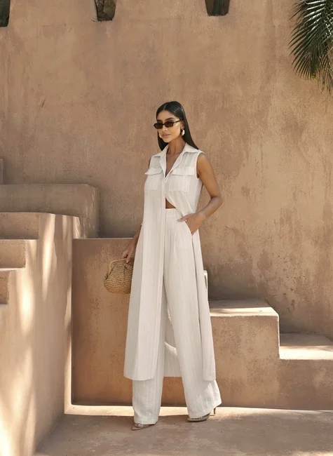 CONJUNTO CHEMISE COM CALÇA LISTRADO - AREIA