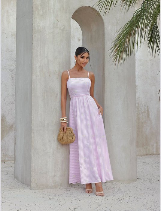 VESTIDO LONGO COM BORDADO LISTRADO - ROSA CLARO