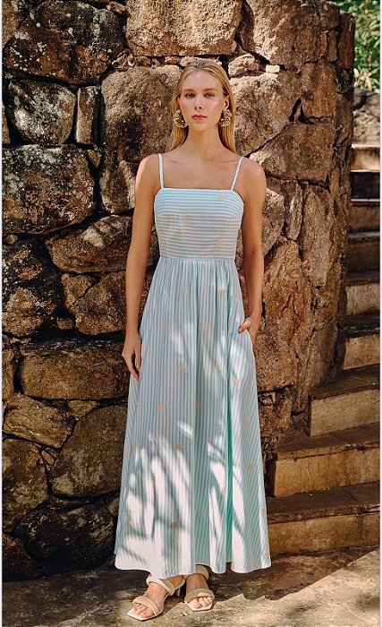 VESTIDO LONGO COM BORDADO LISTRADO - VERDE MENTA