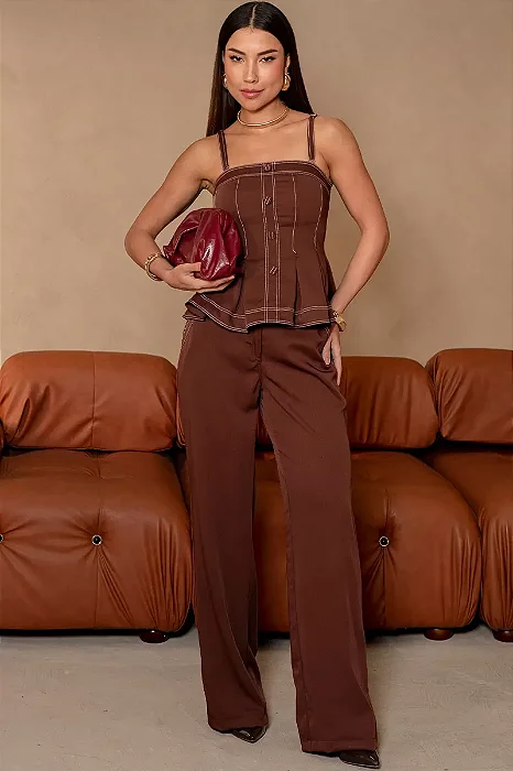 CONJUNTO LAIS CALÇA COM BLUSA DETALHE PESPONTO - MARROM
