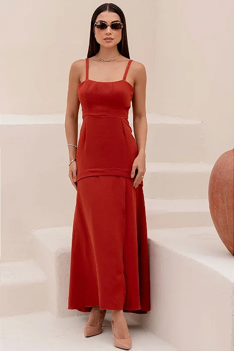 VESTIDO ANTONELLA LONGO COM ALÇA E FENDA - FERRUGEM