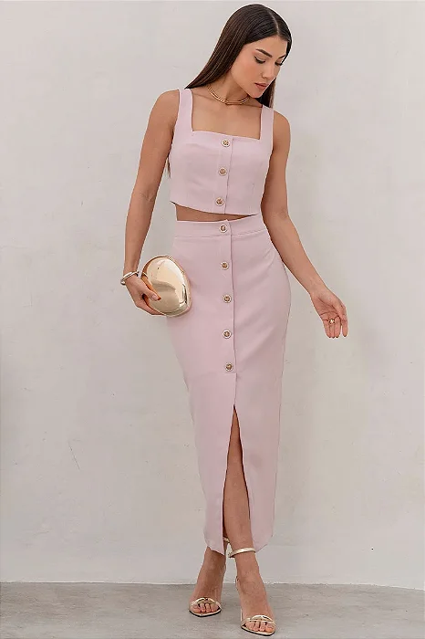 CONJUNTO NÚBIA SAIA MIDI E CROPPED DETALHE BOTÕES - ROSA
