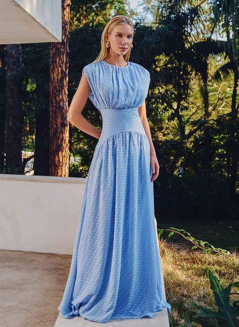 VESTIDO MÔNICA LONGO TEXTURIZADO - AZUL SERENITY