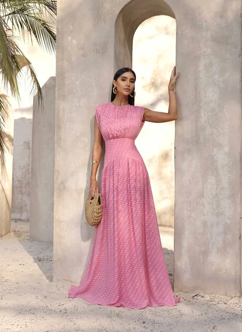VESTIDO MÔNICA LONGO TEXTURIZADO - ROSA