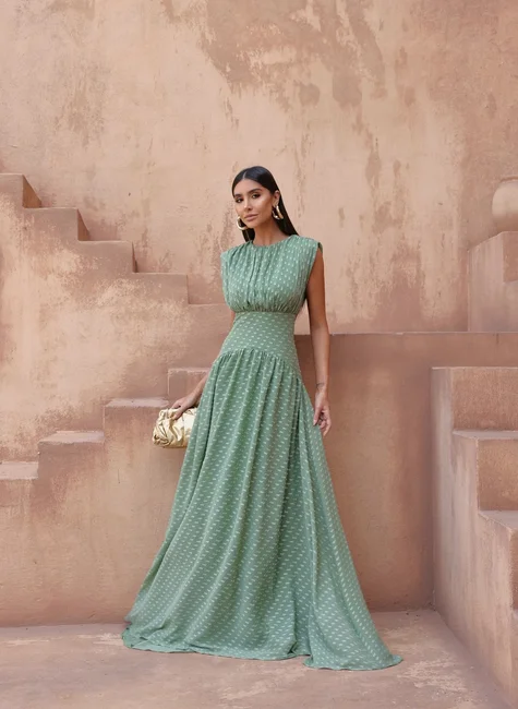VESTIDO MÔNICA LONGO TEXTURIZADO - VERDE PISTACHE