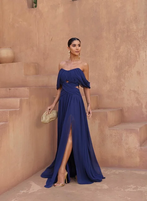 VESTIDO LONGO DREAPEADO INGRID - AZUL MARINHO