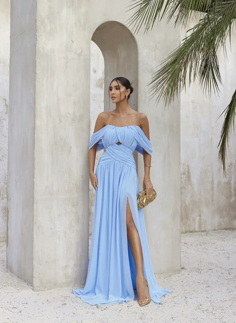 VESTIDO LONGO DREAPEADO INGRID  - AZUL SERENITY