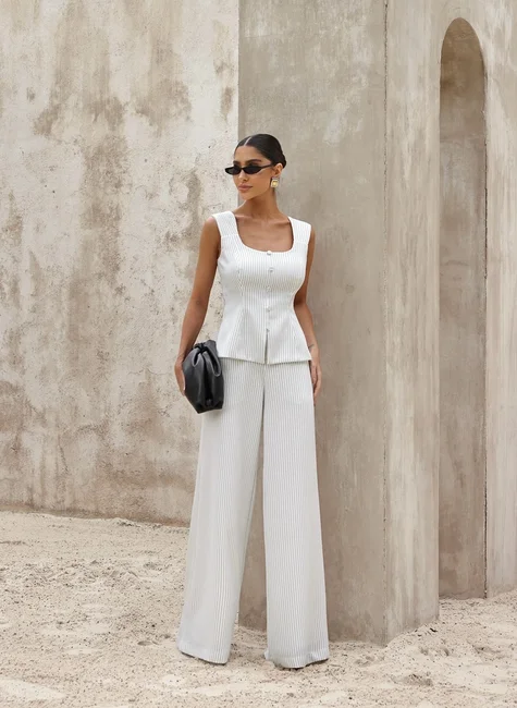CONJUNTO BLUSA LISTRADA PEPLUM - OFF WHITE