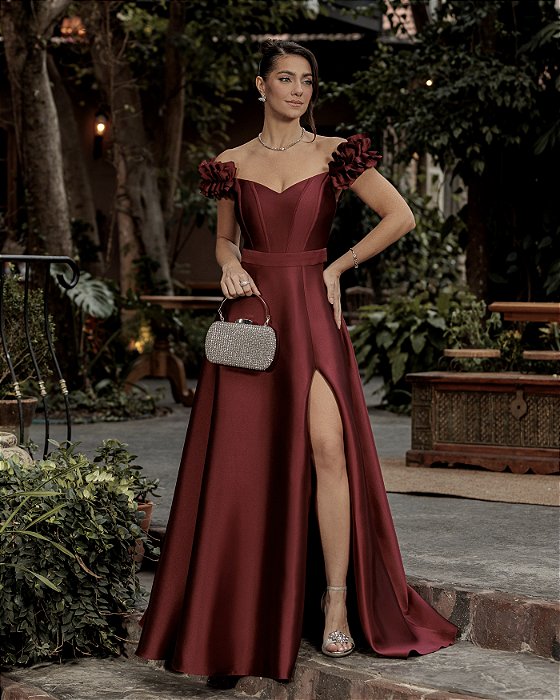 VESTIDO TAYLOR ZIBELINE OMBRO A OMBRO FLOWER - MARSALA