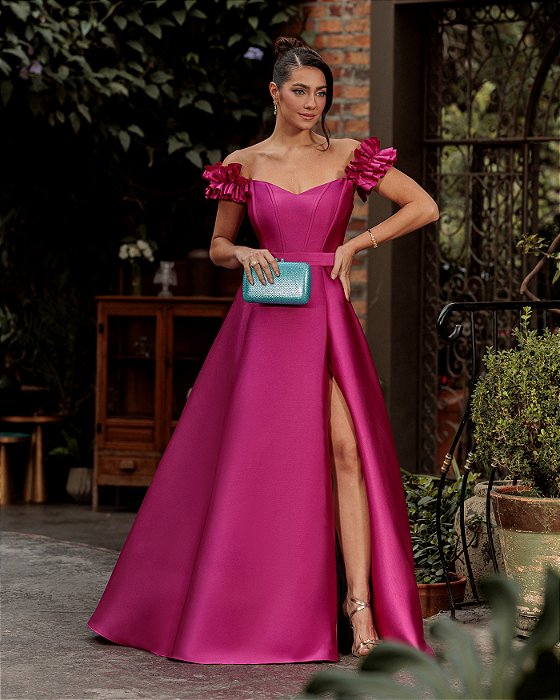 VESTIDO TAYLOR ZIBELINE OMBRO A OMBRO FLOWER - FÚCSIA