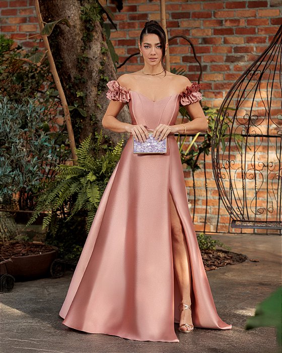 VESTIDO TAYLOR ZIBELINE OMBRO A OMBRO FLOWER - ROSE