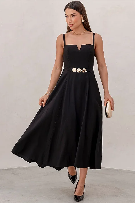 VESTIDO BRENDA DECOTE V DETELHE METAL - PRETO