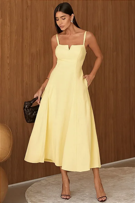 VESTIDO CAROL DECOTE V COM ALÇAS - AMARELO
