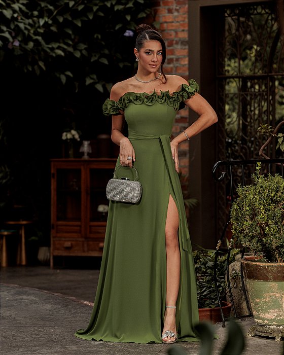 VESTIDO DE FESTA TAMIRES LONGO FLOWERS - VERDE OLIVA